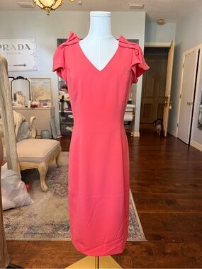 Women's V-Neck Pink Dress with Ruffled Shoulders